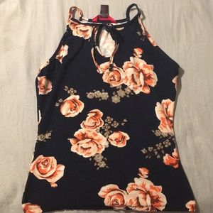 Navy blue halter top with floral print.